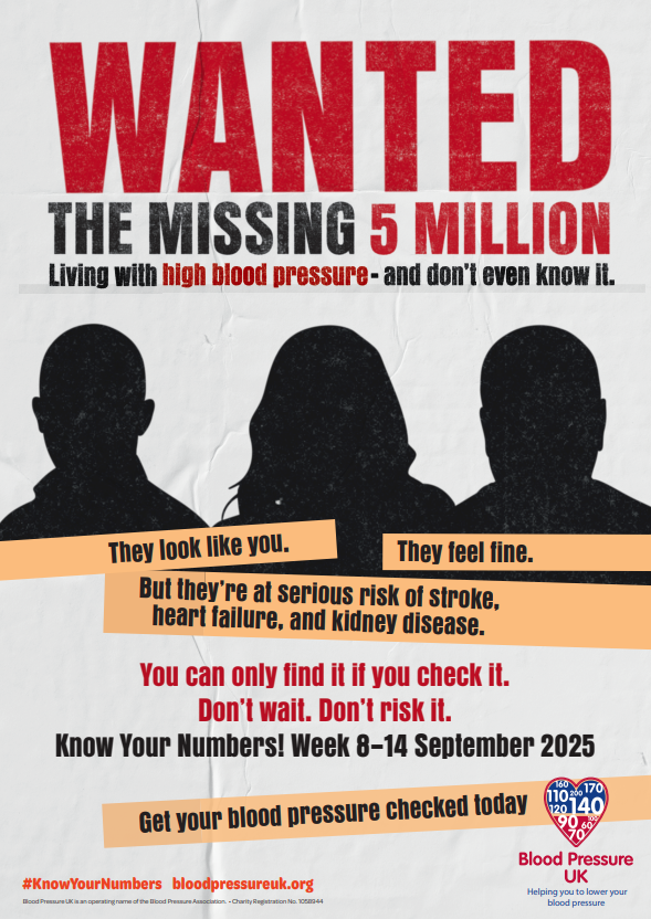 Know your number poster:
Wanted. The missing 5 million living with high blood pressure and don't even know it.